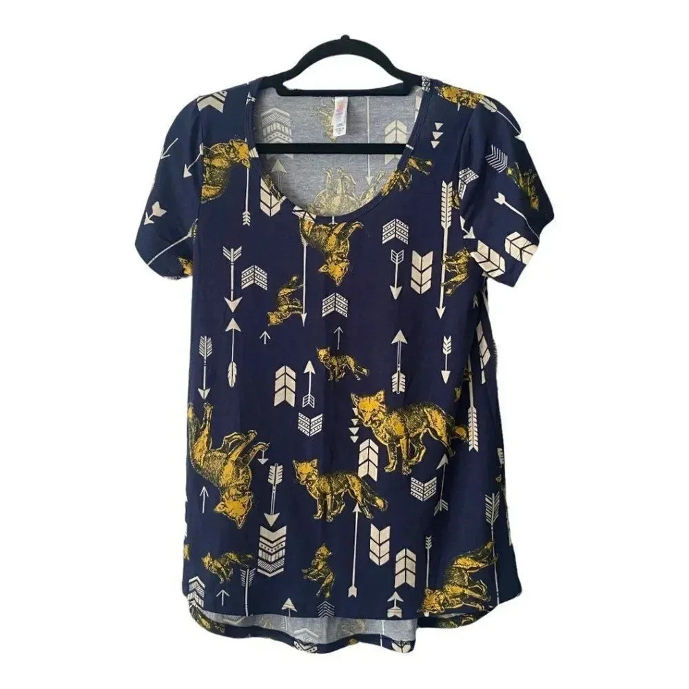 𝅺NWT Navy Yellow Fox Arrows LuLaRoe XS Classic Tee Shirt Comfy Stretch